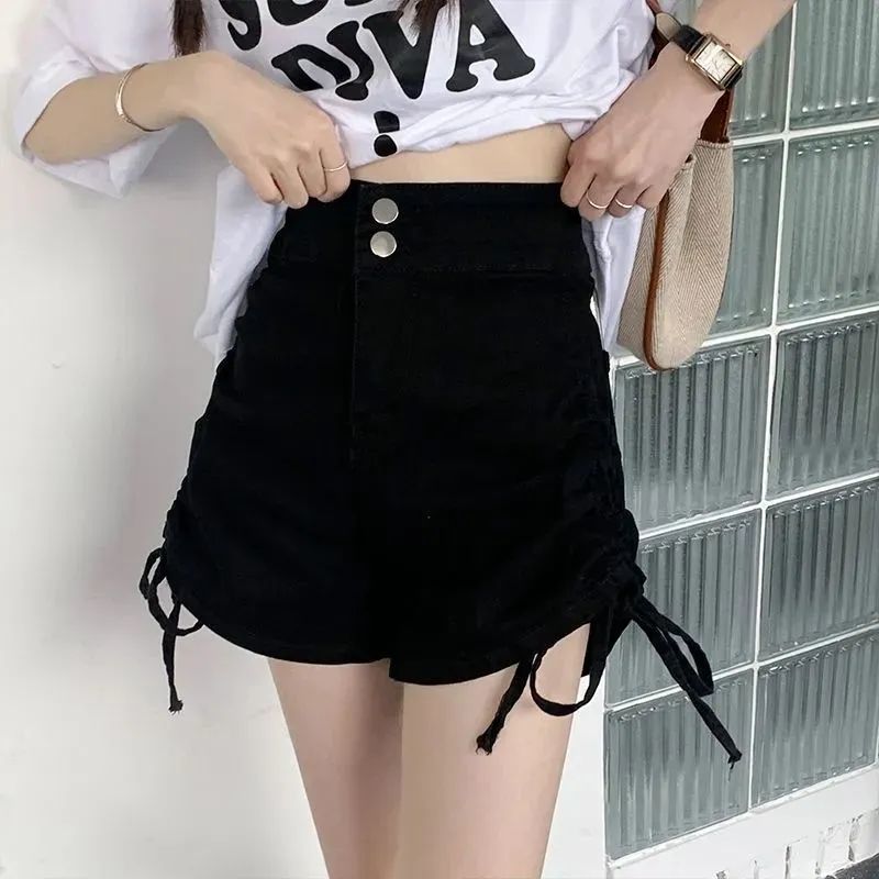 Drawstring denim shorts women's summer loose Korean version 2023 new design hot girl high waist slim a-line hot pants women