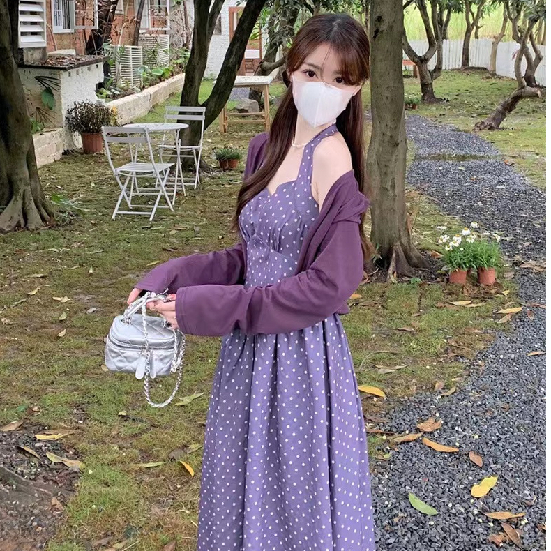 Gentle French temperament lady dress 2023 summer new halter neck polka dot skirt + sunscreen cardigan jacket