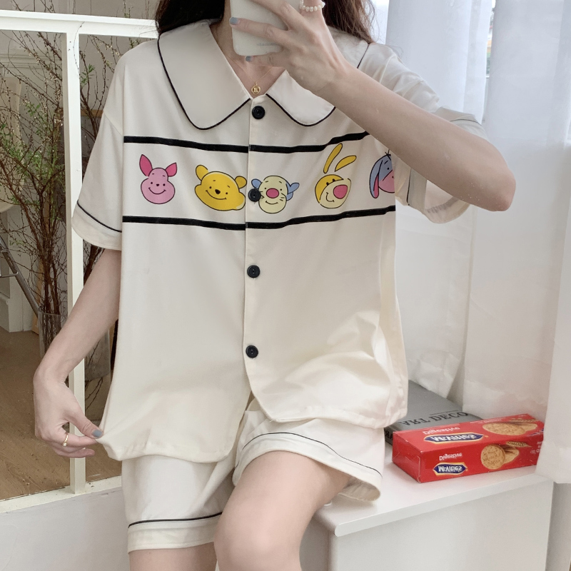 Real shot 2023 new cardigan double short doll lapel pajamas set cartoon printing loose simple home clothes