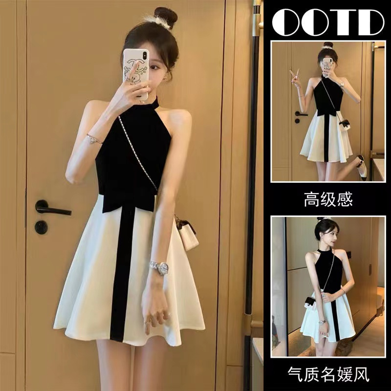 Small girls sweet splicing contrast color dress 2023 summer new bow high waist a-line skirt