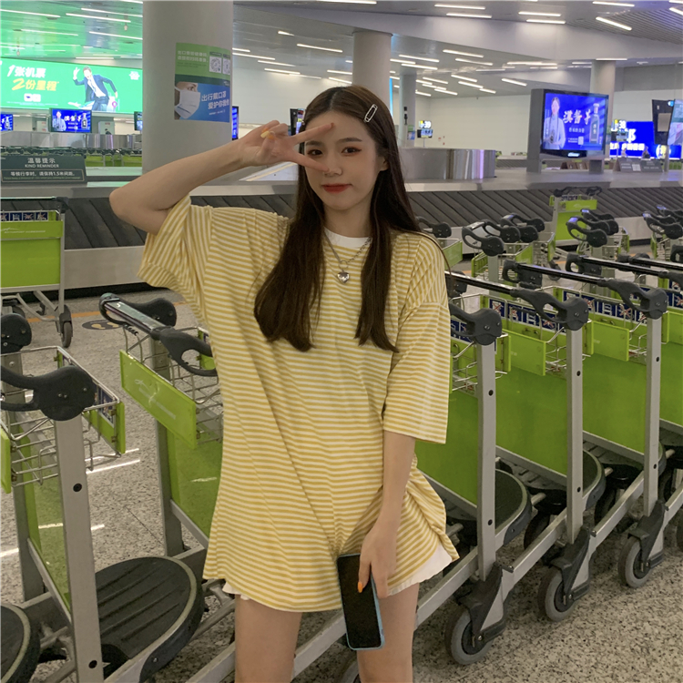 Real price Korean striped t-shirt women's loose short-sleeved summer dress half-sleeved t-shirt color matching top