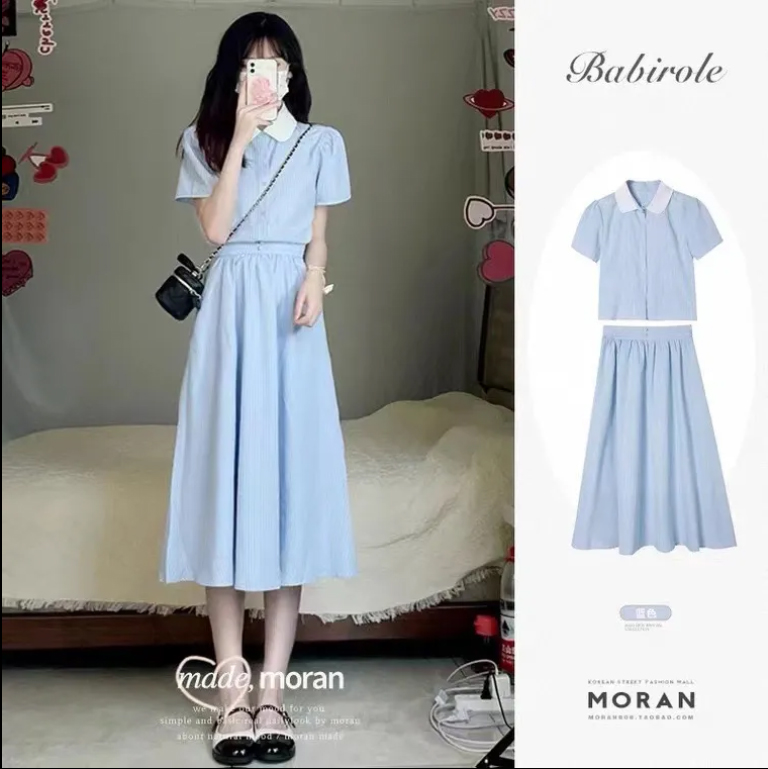 Korean doll collar sweet lapel college style short-sleeved shirt women + age-reducing high waist slimming skirt two-piece set