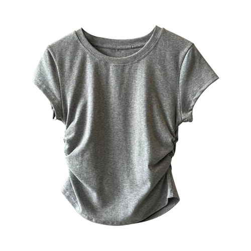 Real shot~Designed side shirring T-shirt women's 2023 summer new waist slimming short-sleeved slim top