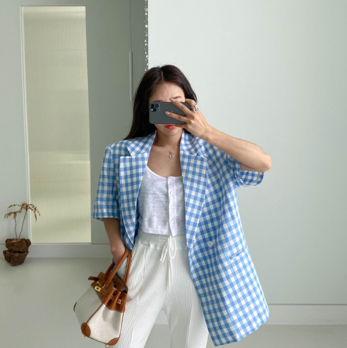 Original fresh blue and white plaid lapel short-sleeved loose casual suit jacket