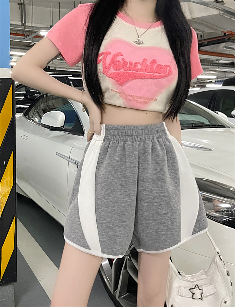 Real shot 2023 summer new Korean style splicing contrast color loose casual slim wide-leg all-match shorts women's fashion