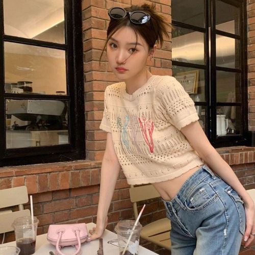 Shoulder short-sleeved T-shirt women's summer French retro flower embroidery round neck hollow short knit sweater top ice song
