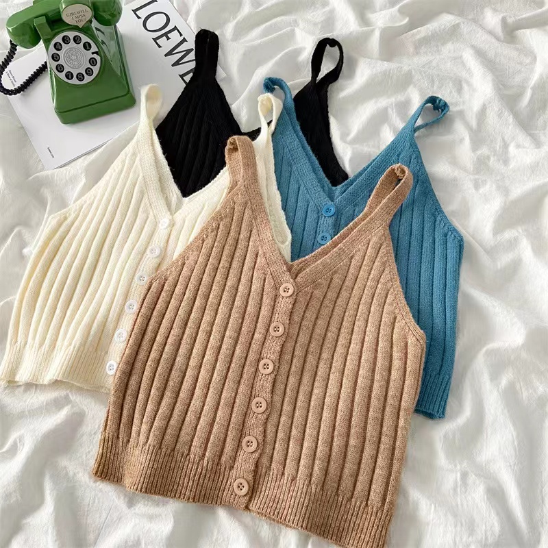 Suspender design sense small crowd wearing a suit inside a knitted bottoming vest women's short slim top summer