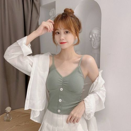 Niche new style with chest pad beautiful back bottoming shirt button V-neck outer wear vest small sling top