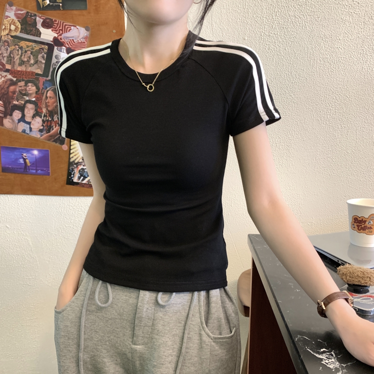 Real shot real price spring and summer Korean version all-match front shoulder slim-fit sports bar design pure cotton short-sleeved T-shirt women's top