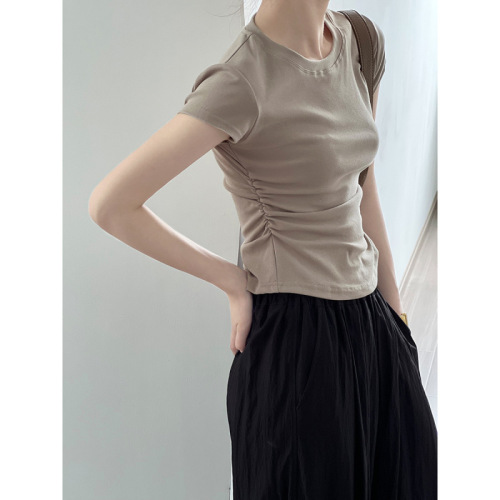 Real shot~Designed side shirring T-shirt women's 2023 summer new waist slimming short-sleeved slim top