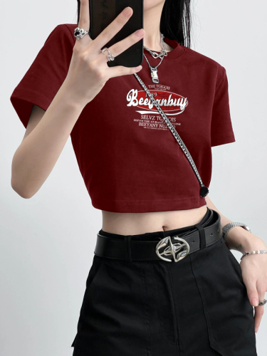 Wine red front shoulder t-shirt short-sleeved niche retro French sweet hot girl short section not working top summer women's models