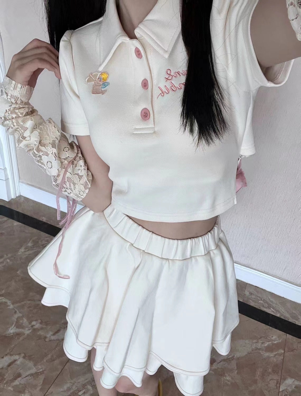 Pure desire suit female spring slim short Polo collar short-sleeved T-shirt a word high waist cake skirt two-piece set