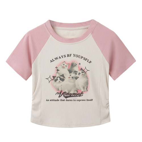 6535 pull frame cotton fashion super hot raglan sleeves cat print T-shirt women's summer new slim slim top trendy