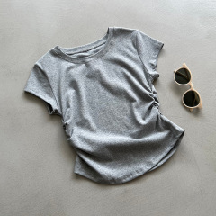 Real shot~Designed side shirring T-shirt women's 2023 summer new waist slimming short-sleeved slim top