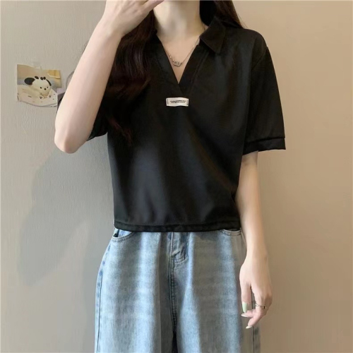 Real shot rice wool Odell POLO collar short-sleeved T-shirt women's short V-neck top