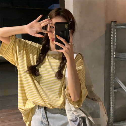 Real price Korean striped t-shirt women's loose short-sleeved summer dress half-sleeved t-shirt color matching top