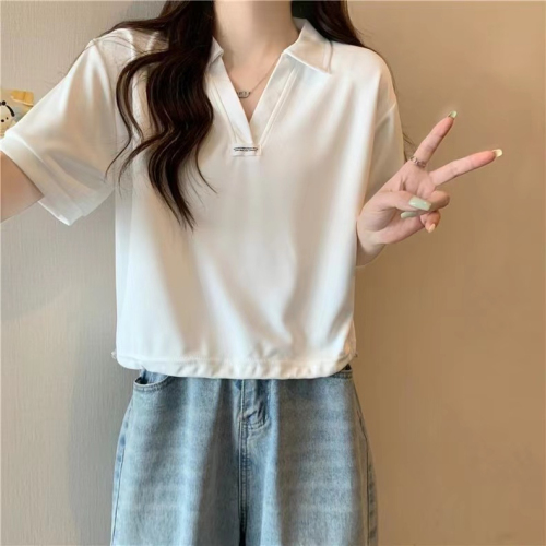 Real shot rice wool Odell POLO collar short-sleeved T-shirt women's short V-neck top