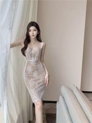 Real shot sexy light luxury temperament celebrity dress lace splicing suspender skirt tight high waist bag hip slit dress