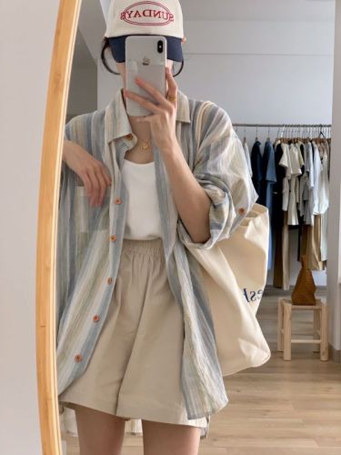 Summer smudged watercolor texture cotton striped sunscreen shirt spring and summer loose all-match light long-sleeved top women