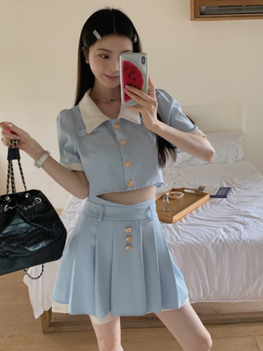 Real shot Xiaoxiangfeng age-reducing suit short shirt top summer pleated high waist skirt suit