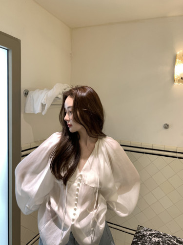 Korean New French Collar Tie Puff Sleeve Shirt Women Slim Single Breasted Shirt