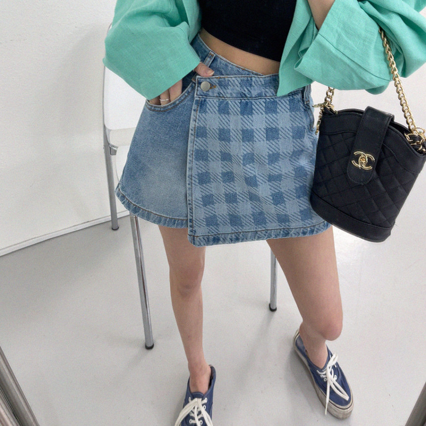 Check High Waist Denim Blue Short Skirt