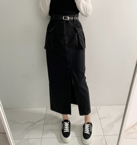 High-waist slimming tooling large pocket slit denim mid-length skirt