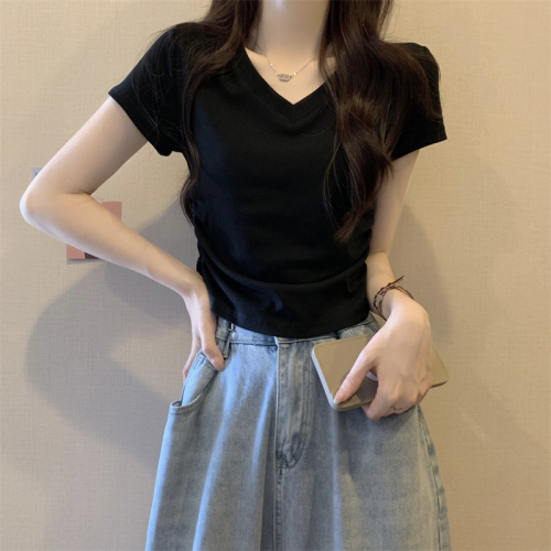 Real price real price new version of Korean style design slim fit pleated solid color short-sleeved shirt