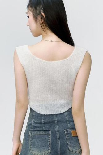 Ins summer American babes hit color bow tie strap woolen hanging neck camisole short top female