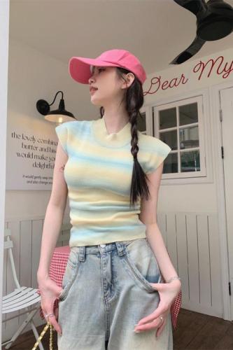 Real price real price summer all-match gradient flying sleeve half-high collar fine knitwear top