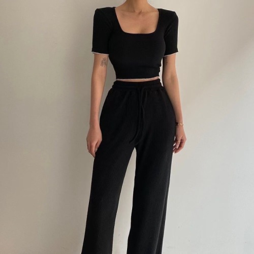 Korean solid color slim and comfortable round neck short-sleeved T-shirt with elastic waist casual pants suit