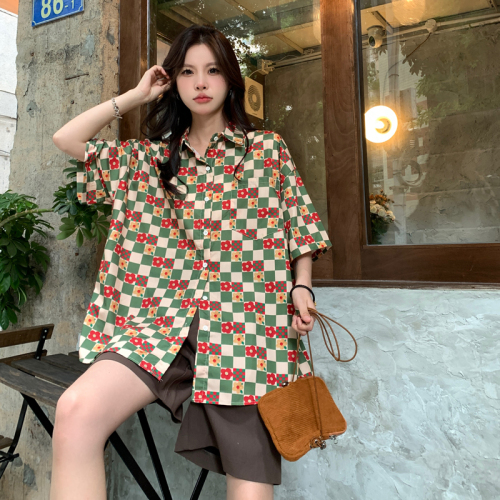 Retro Hong Kong style short-sleeved shirt female design sense niche plaid printing summer  new loose chic top