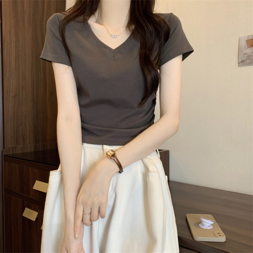 Real price real price new version of Korean style design slim fit pleated solid color short-sleeved shirt