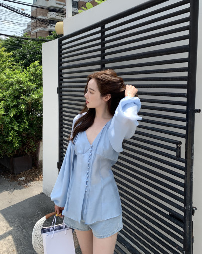 Korean New French Collar Tie Puff Sleeve Shirt Women Slim Single Breasted Shirt