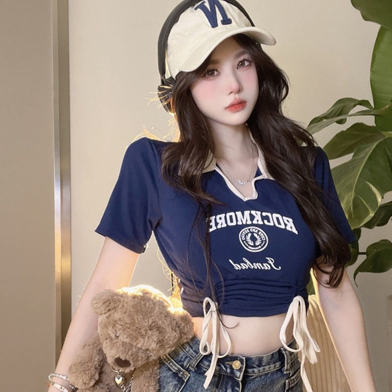 Spot hot girl short section slim slim hit color polo collar drawstring waist T-shirt female niche top