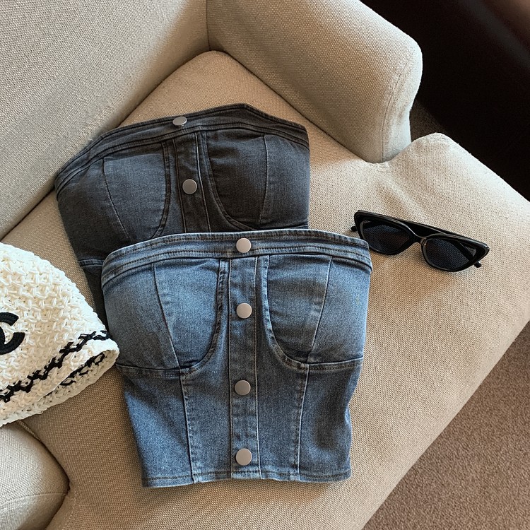 Real price Thai American spicy denim tube top suspenders