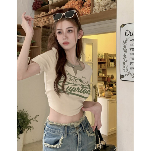 Official picture 6535 pull frame cotton contrast color printing hanging neck short-sleeved T-shirt women's spring and summer design feeling fake two pieces