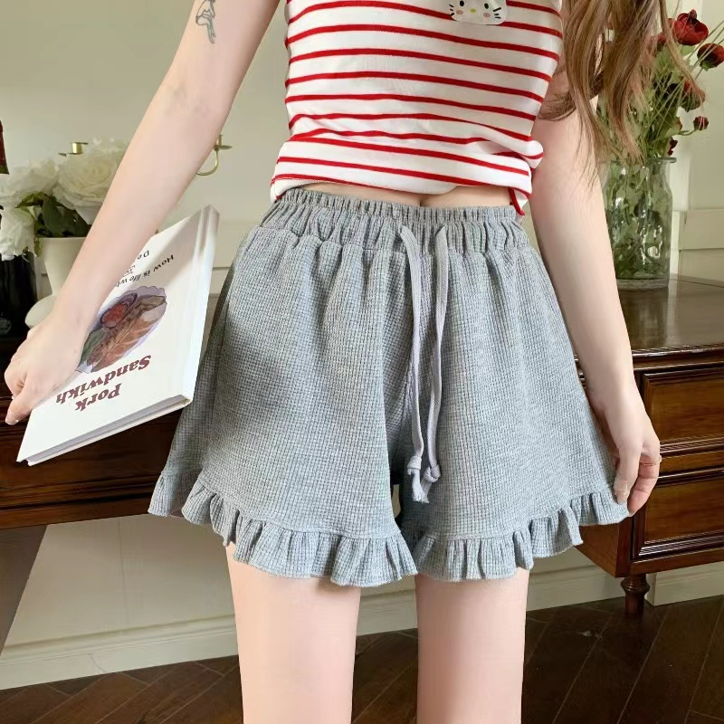 65 waffle official 2023 new gray shorts ruffled five-point pants summer all-match women's pants