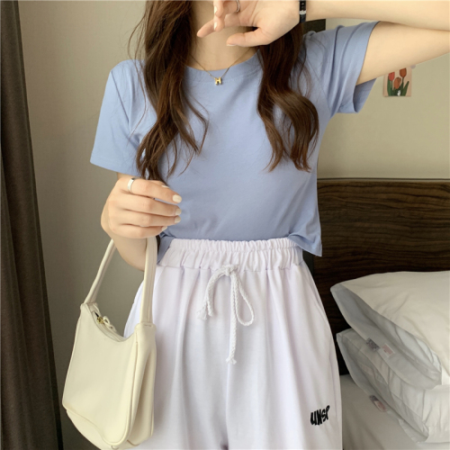 Real price~Summer new Korean version of solid color basic models all-match round neck T-shirt women's short-sleeved top tide
