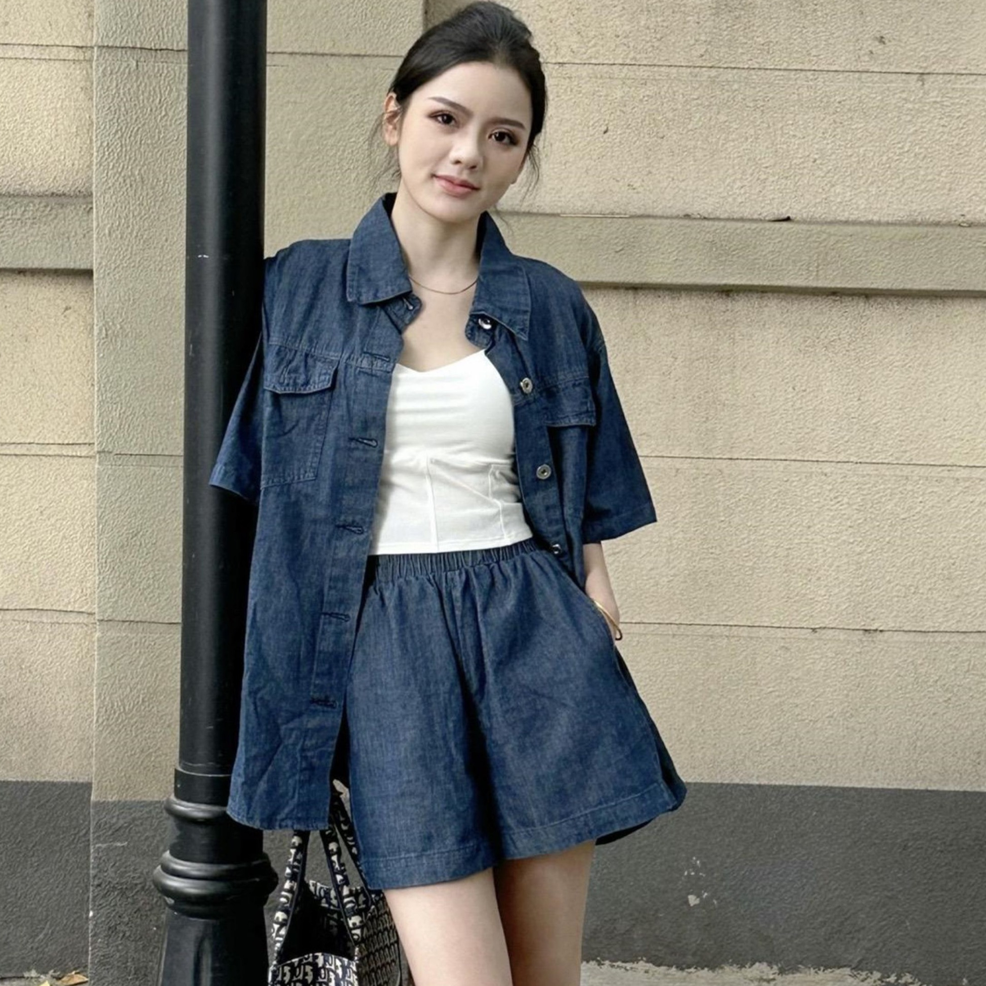 2023 summer casual all-match lapel short-sleeved denim shirt + elastic high-waist wide-leg shorts two-piece set
