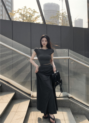 Real Shot Indifferent Lazy* Grinding Gray Suit Gray Round Neck Slim T-Shirt Big Skirt Air Skirt