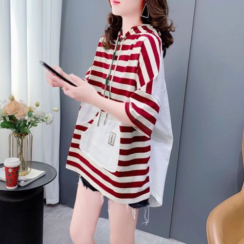 95% Cotton 5% Spandex Hooded Loose Mid Length Heavy Industry Short Sleeve T-Shirt Women