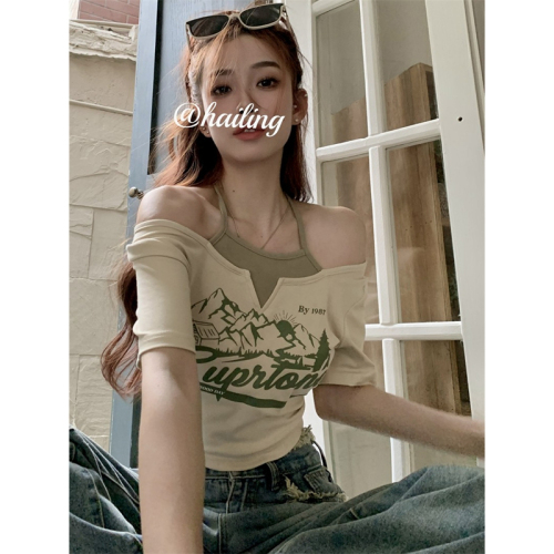 Official picture 6535 pull frame cotton contrast color printing hanging neck short-sleeved T-shirt women's spring and summer design feeling fake two pieces