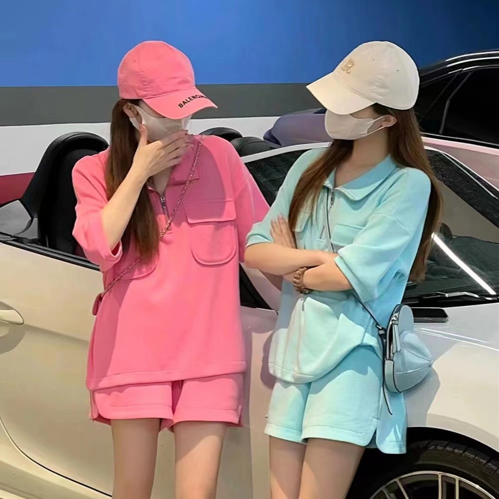 2023 summer new fashion loose pullover polo collar short-sleeved T-shirt + meat-covering shorts net red solid color two-piece set