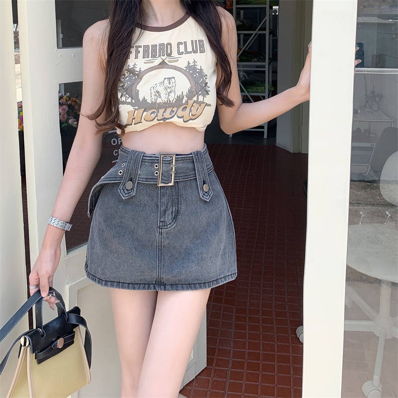Denim skirt skirt women's belt lined high waist self-cultivation slim bag hip a-line shorts short skirt summer