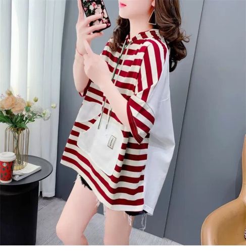 95% Cotton 5% Spandex Hooded Loose Mid Length Heavy Industry Short Sleeve T-Shirt Women