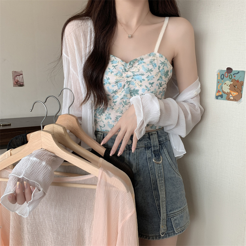 Real shot unabated sunscreen chiffon shirt shawl with skirt cardigan short coat floral suspenders with long-sleeved top