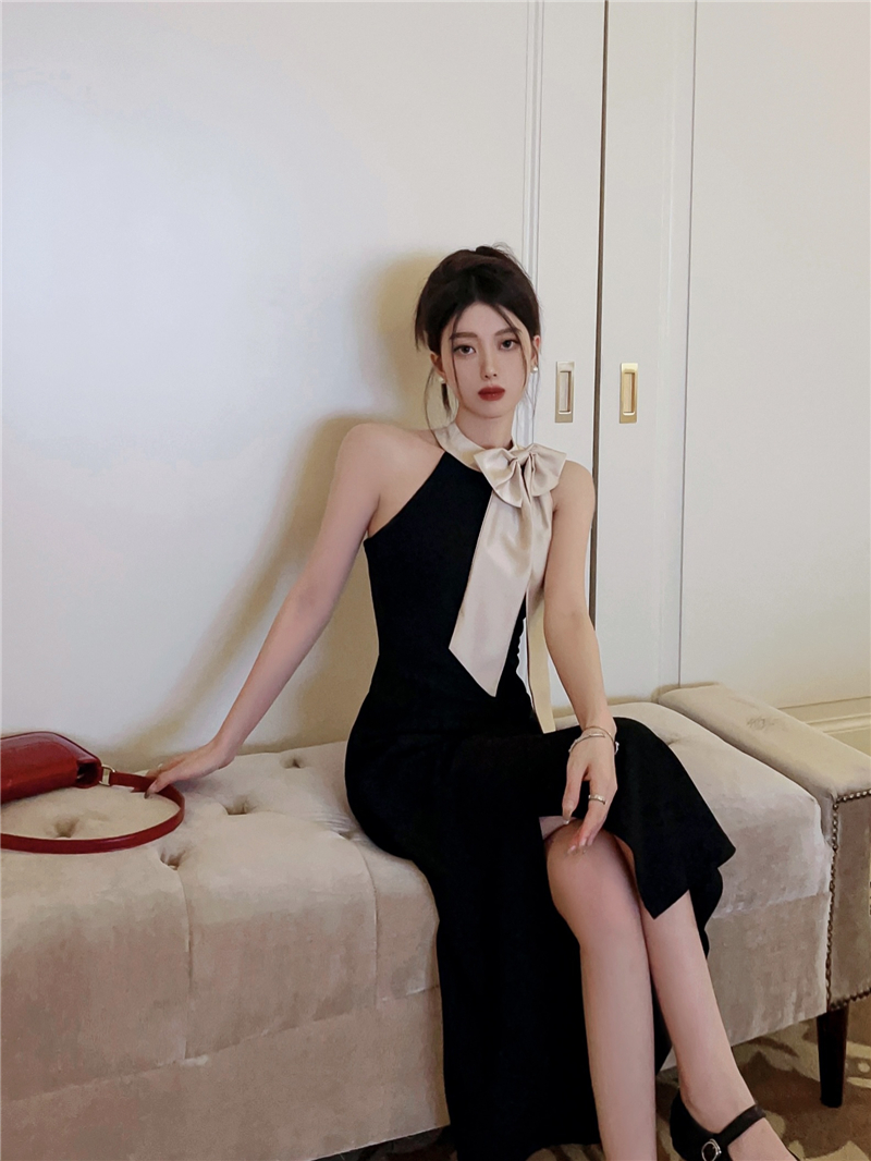 Real shot real price small temperament silk scarf bow tie halter neck dress waist slimming sleeveless mid-length skirt
