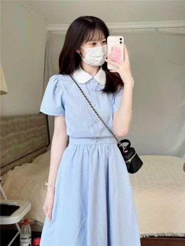 Korean doll collar sweet lapel college style short-sleeved shirt women + age-reducing high waist slimming skirt two-piece set