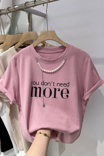 Beaded necklace pink short-sleeved t-shirt women's summer 2023 new design sense loose foreign gas shirt top